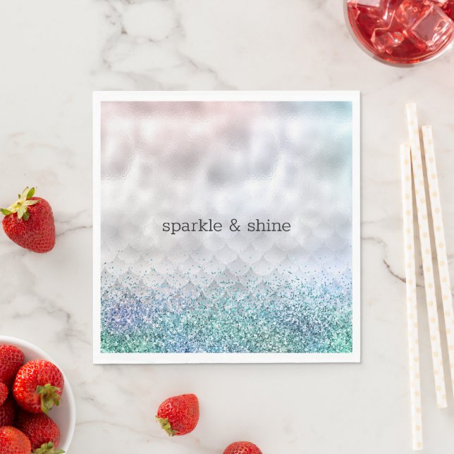 Silver Confetti Aqua Pink Glitter Sparkle Mermaid Napkin (Insitu)