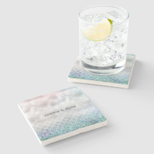 Silver Confetti Aqua Pink Glitter Sparkle Mermaid Stone Coaster