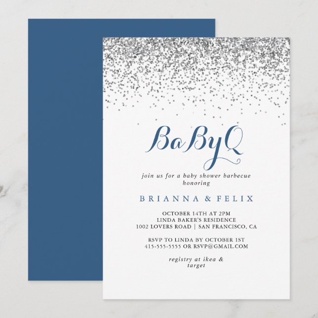 Silver Confetti BabyQ Baby Shower Barbecue  Invitation (Front/Back)