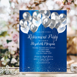 Silver Confetti Balloons Blue Metallic Retirement Invitation
