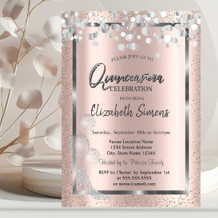 Silver Confetti Balloons Rose Gold Quinceañera  Invitation