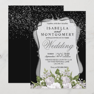 Silver Confetti, Black and White Floral Wedding Invitation