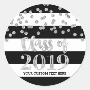 Silver Confetti Black Stripes 2019 Graduation Classic Round Sticker