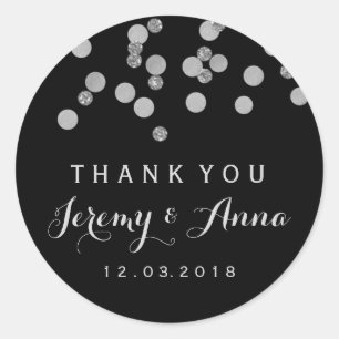 Silver Confetti Black Thank you sticker