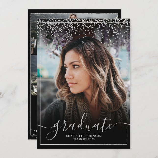Silver confetti border script photo graduation invitation (Front/Back)