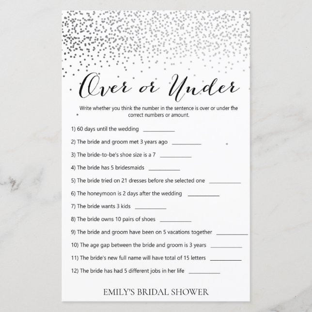 Silver Confetti Bridal Shower Game PRINTED (Front)
