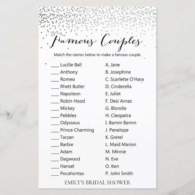 Silver Confetti Bridal Shower Game PRINTED (Front)