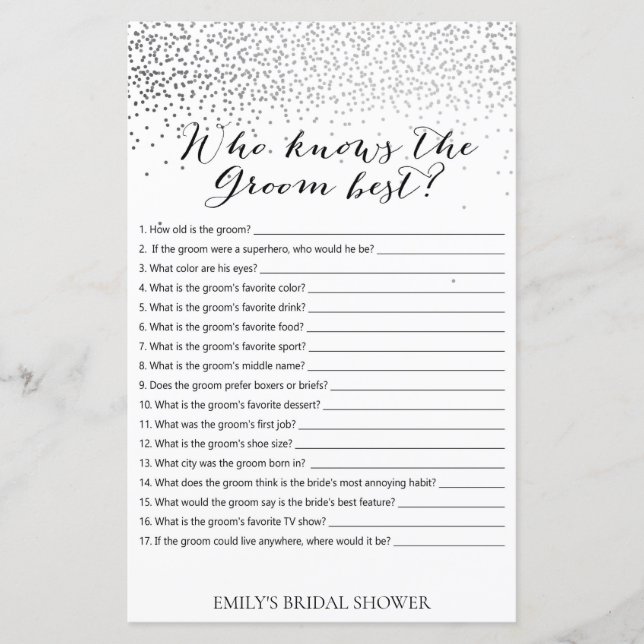 Silver Confetti Bridal Shower Game PRINTED (Front)