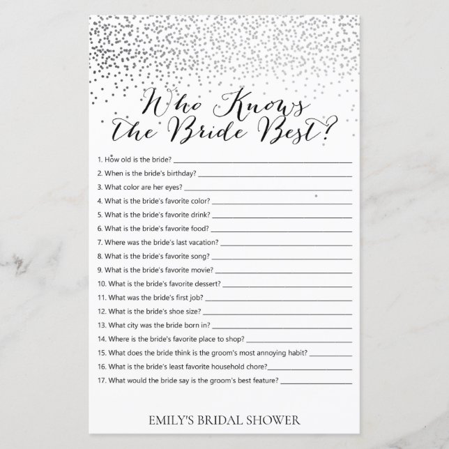 Silver Confetti Bridal Shower Game PRINTED (Front)