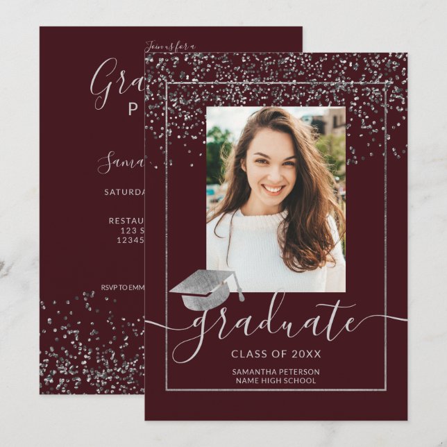 Silver confetti burgundy typography graduation invitation (Front/Back)