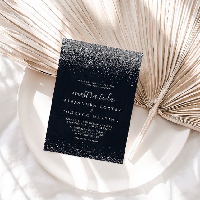 Silver Confetti Calligraphy Nuestra Boda Wedding   Invitation (Creator Uploaded)