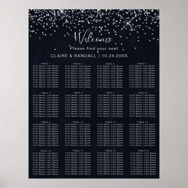 Silver Confetti Calligraphy Wedding Seating Chart (Front)