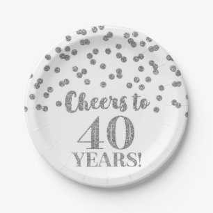 Silver Confetti Cheers to 40 Years Birthday Paper Plate