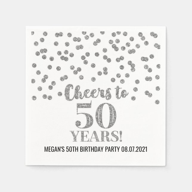 Silver Confetti Cheers to 50 Years Birthday Napkin (Front)