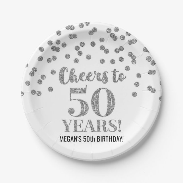 Silver Confetti Cheers to 50 Years Birthday Paper Plate (Front)