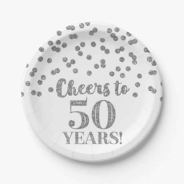 Silver Confetti Cheers to 50 Years Birthday Paper Plate (Front)