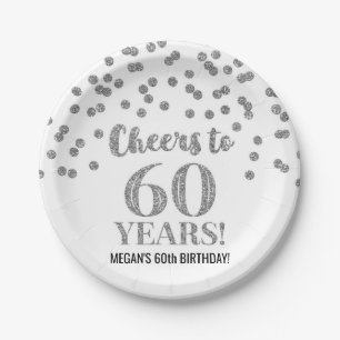 Silver Confetti Cheers to 60 Years Birthday Paper Plate