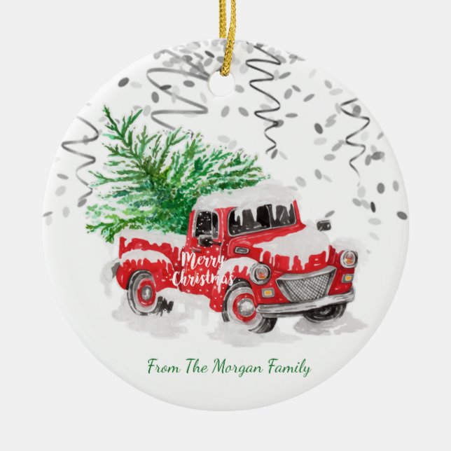 Silver Confetti,Christmas Red Truck Pine Tree Snow Ceramic Tree Decoration (Front)