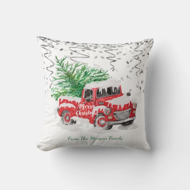 Silver Confetti,Christmas Red Truck Pine Tree Snow Cushion (Front)
