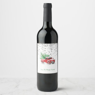 Silver Confetti,Christmas Red Truck Pine Tree Snow Wine Label