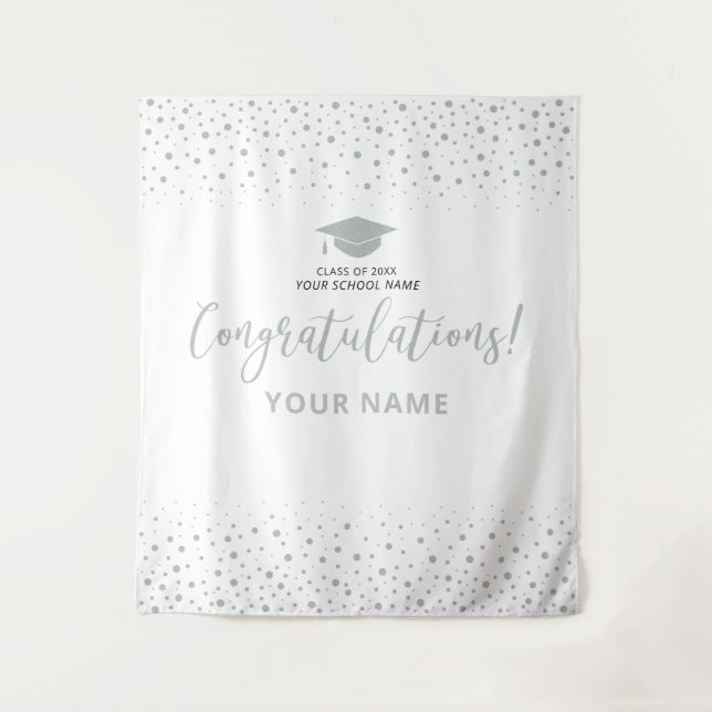 Silver Confetti Congratulation Graduation Backdrop Tapestry (Front)