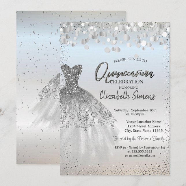 Silver Confetti Dots,Chic Dress Quinceañera  Invitation (Front/Back)
