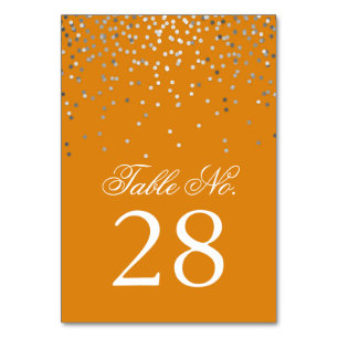 Silver Confetti Dots Orange Wedding Table Number