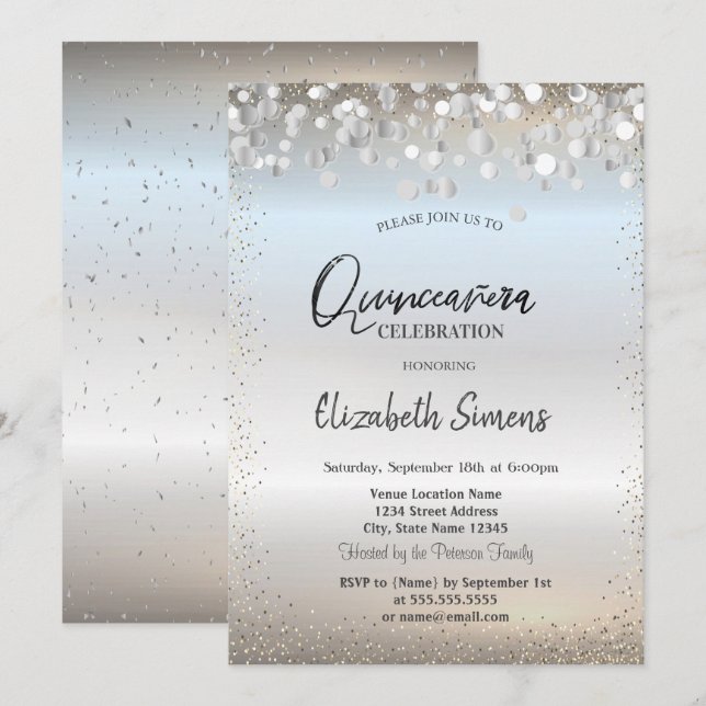 Silver Confetti Dots Princess Silver Quinceañera Invitation (Front/Back)