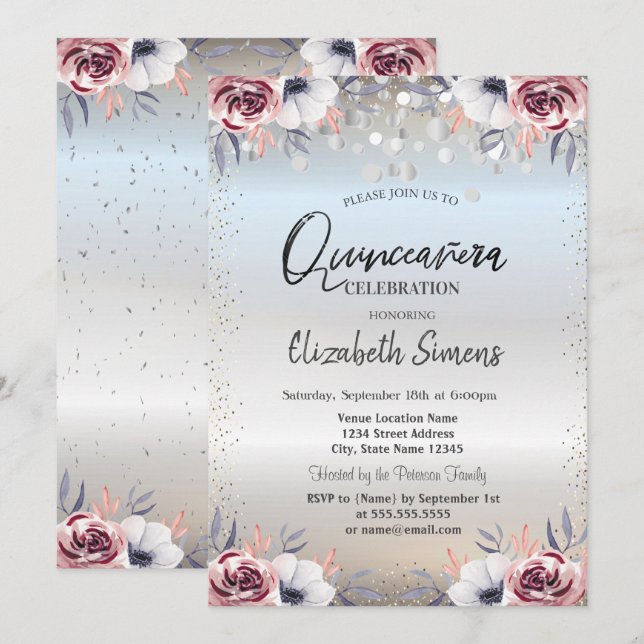 Silver Confetti Dots Silver Floral Quinceañera Invitation (Front/Back)