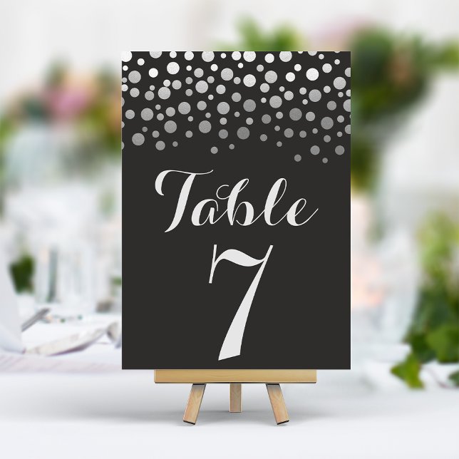 Silver Confetti Elegant Black Table Number (Creator Uploaded)