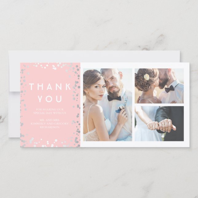 Silver Confetti Elegant Pink Wedding Thank You (Front)