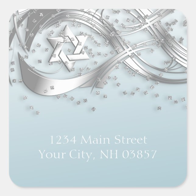 Silver Confetti Flourish Return Address White Square Sticker (Front)