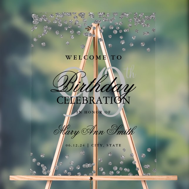 Silver Confetti Glitter 90th Birthday Welcome  Acrylic Sign (Neutral)