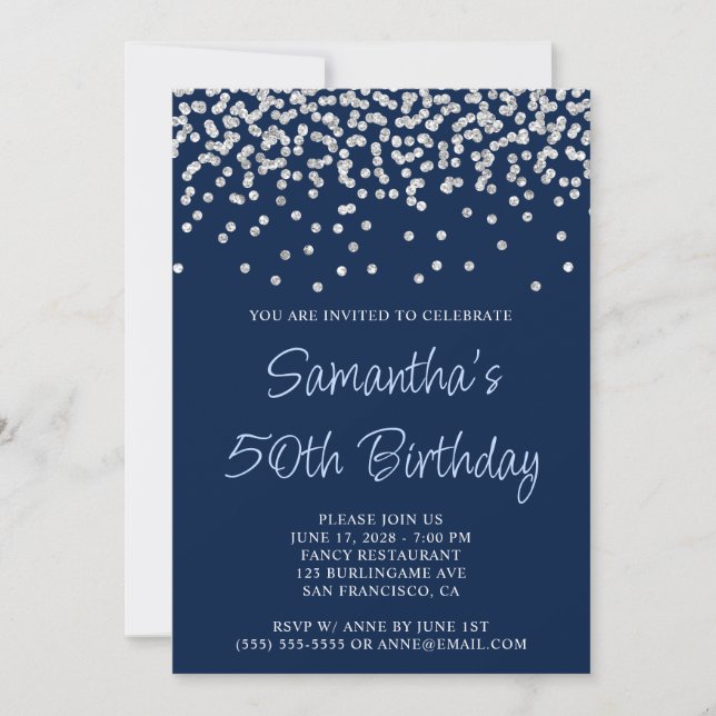 Silver Confetti Glitter Navy Blue 50th Birthday Invitation (Front)