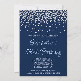 Silver Confetti Glitter Navy Blue 50th Birthday Invitation