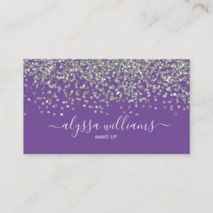 Silver Confetti Glitter Purple Modern Script Business Card