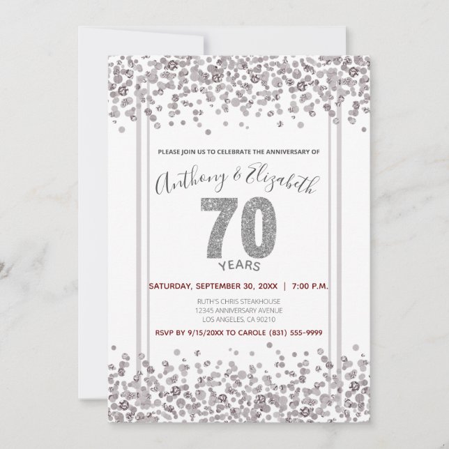 Silver Confetti Glitter-Style 70th Anniversary Invitation (Front)