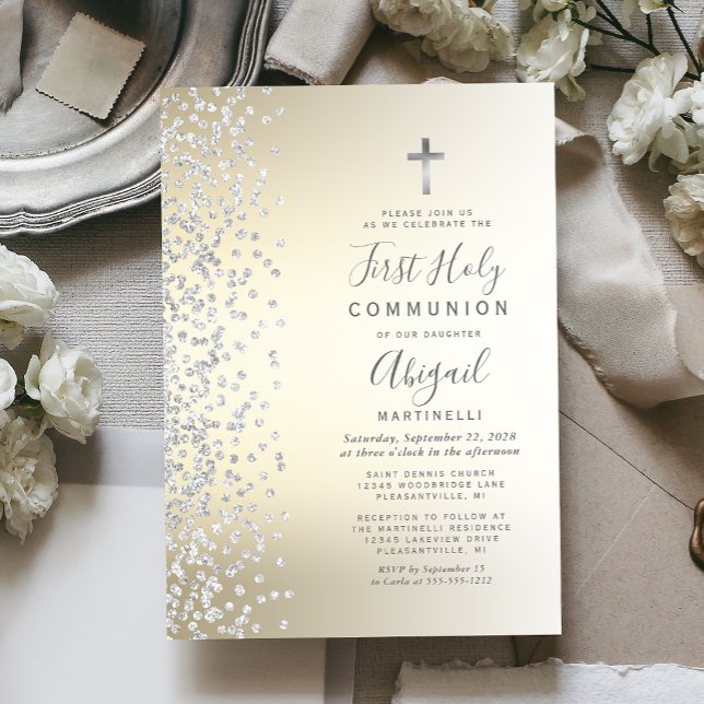 Silver Confetti Gold Ombre First Holy Communion Invitation (Creator Uploaded)