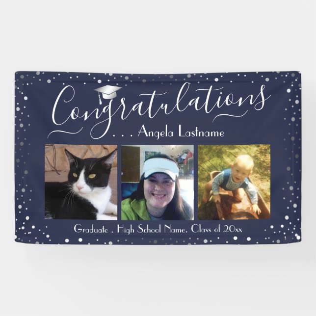 Silver Confetti Graduation 3 Photo Banner (Horizontal)
