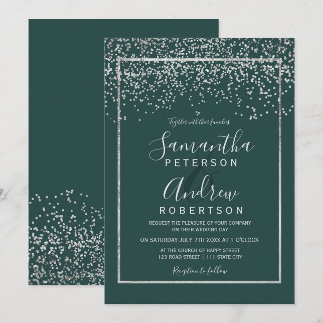 Silver confetti green typography wedding invitation (Front/Back)