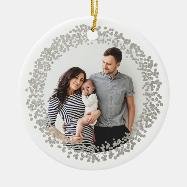 Silver Confetti Holiday Photo Christmas  Ceramic Tree Decoration (Front)