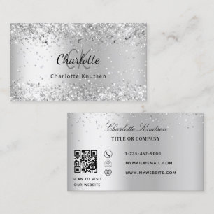 Silver confetti monogram QR code Business Card