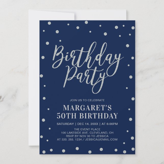 Silver Confetti & Navy | Adult Birthday Party Invitation (Front)