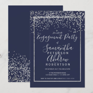 Silver confetti navy blue typography engagement invitation
