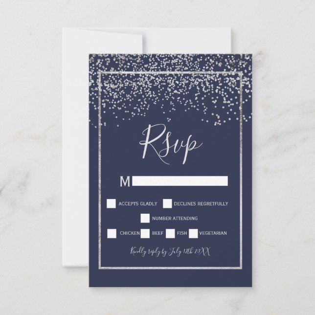 Silver confetti navy blue typography rsvp (Front)