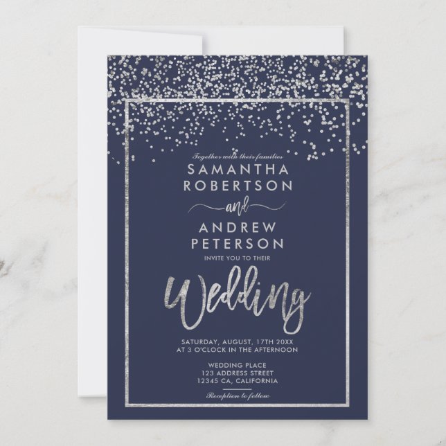 Silver confetti navy blue winter script wedding invitation (Front)