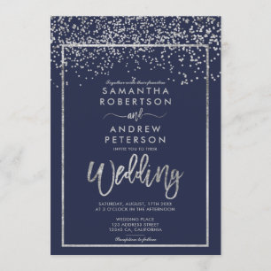 Silver confetti navy blue winter script wedding invitation