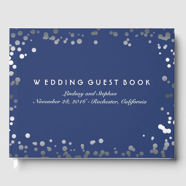 Silver Confetti Navy Elegant Wedding Guest Book (Front)