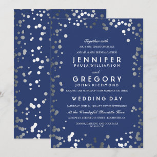 Silver Confetti Navy Modern and Elegant Wedding Invitation