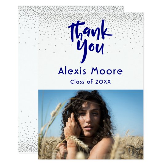 Silver Confetti Navy Photo Graduation 3 Thank You Card